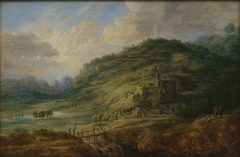 Heuvellandschap met waterval, vee en kasteel by Lucas van Uden