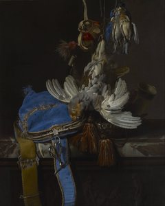Hunt Still Life with a Velvet Bag on a Marble Ledge by Willem van Aelst