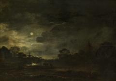Landscape by moonlight by Aert van der Neer