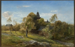 Landscape with a church hidden behind the trees by Henryk Grabiński