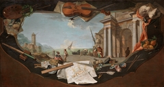Landscape with an architectural view surrounded by trompe-l’oeil elements symbolising the Arts by Charles Joseph Flipart