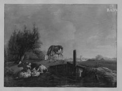 Landschaft mit zwei Kühen und Schafen