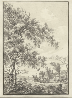 Landschap met boerenwagen bij een herberg by C. van Dokkum