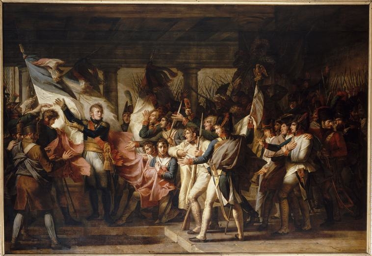 Le maréchal Ney remet aux soldats du 76e régiment de ligne leurs drapeaux retrouvés dans l'Arsenal d'Insbruck.7 Novembre 1805