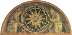 Monogram of Christ between two saints