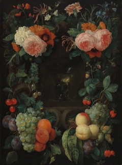 Niche with rummer wine, surrounded by flowers and fruit