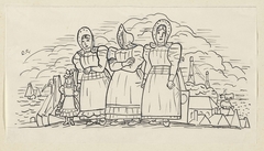 Ontwerp voor een vignet voor het maandblad voor Beeldende Kunsten: Drie vissersvrouwen en een meisje by Leo Gestel