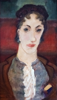 Portrait of woman at red wall by Marie Bermond