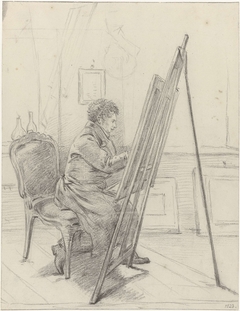 Portret van Gerrit Jan Michaëlis, zittend voor ezel in zijn atelier by Jean Bernard