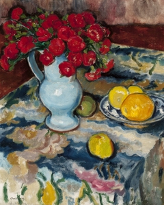 Red carnations (Still life with a blue vase) by Józef Pankiewicz