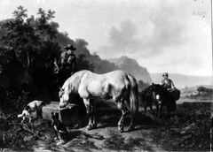 Reiter mit zwei Pferden an der Tränke und Mädchen mit Packesel (in gebirgiger Landschaft) by Wouterus Verschuur