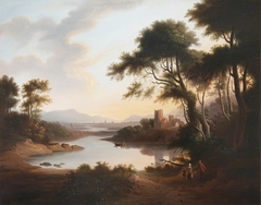 River Landscape with Figures by the Banks, a Castle and a Town beyond by Anne Nasmyth