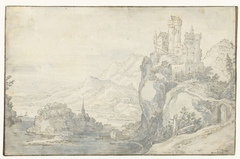 Rivierlandschap met een kasteel op een berg by Joos de Momper II