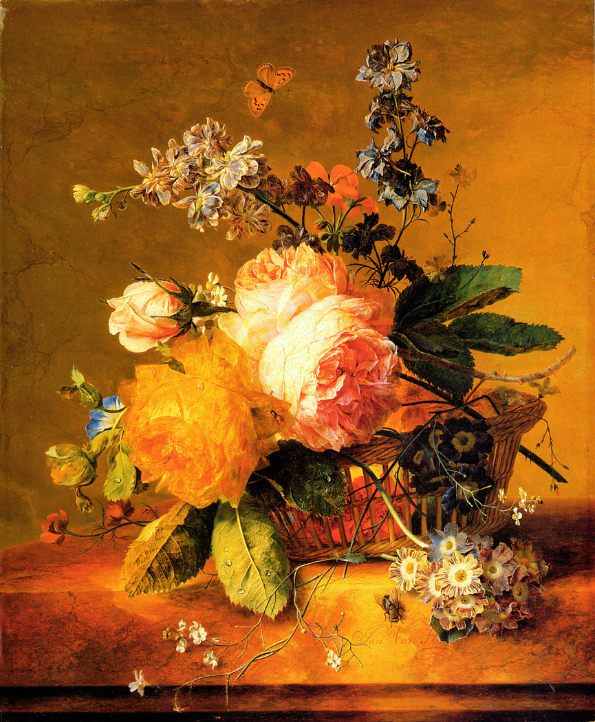 Roses and other flowers in a wicker basket on a marble ledge