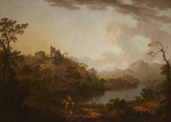 Ruined Castle on a Hill by a River by Irish School