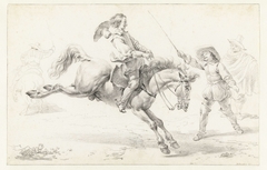 Ruiter op een paard dat achteruit trapt en drie andere figuren by Unknown Artist