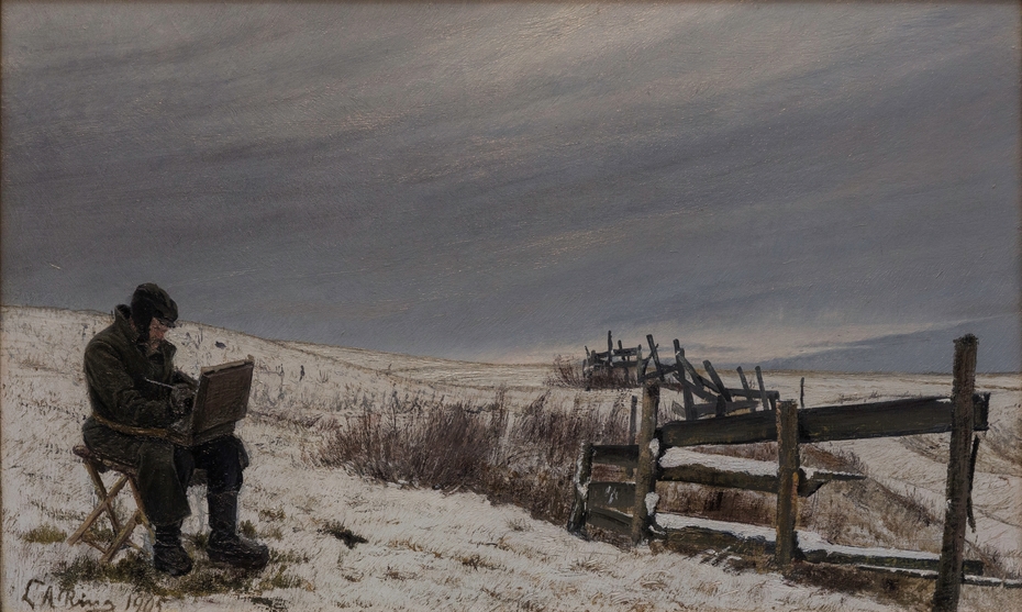 Snow landscape with the painter Aage Bertelsen at his work