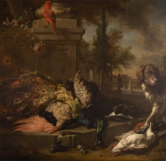 Still Life of Dead Poultry, a Parrot and a Spaniel in a Park