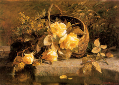 Still life of flowers in a basket by water's edge