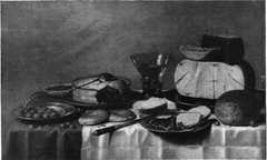 Still life of pie, cheese, bread and olives on a laid table by Floris van Schooten