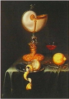 Still life with a nautilus cup, hazelnuts and lemon by Maerten Boelema de Stomme