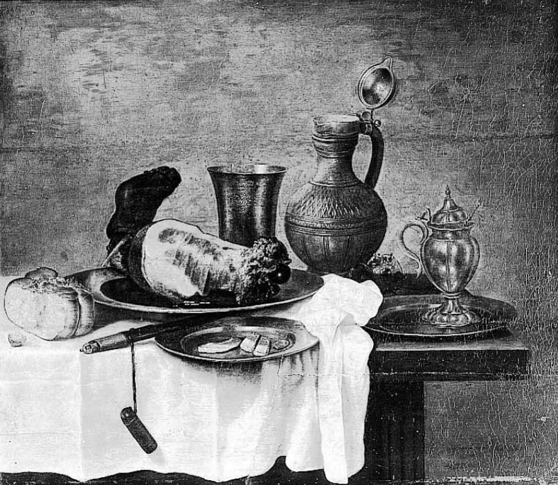 Still life with ham and utensils