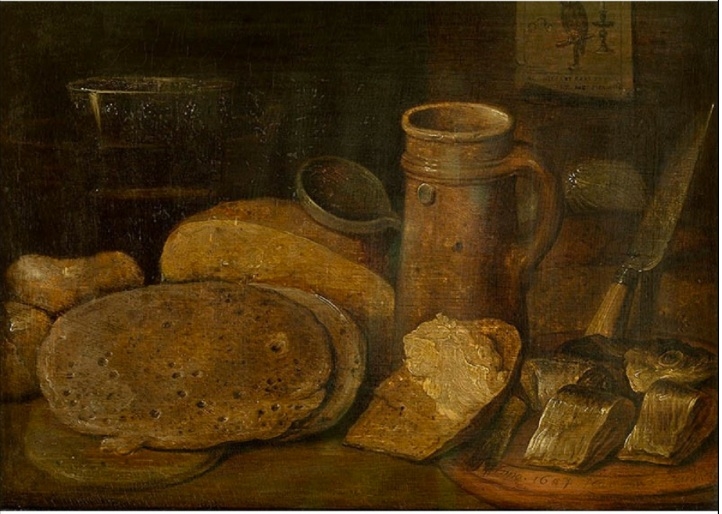 Still life with pottery, herring and pancakes, a print of an owl on the wall