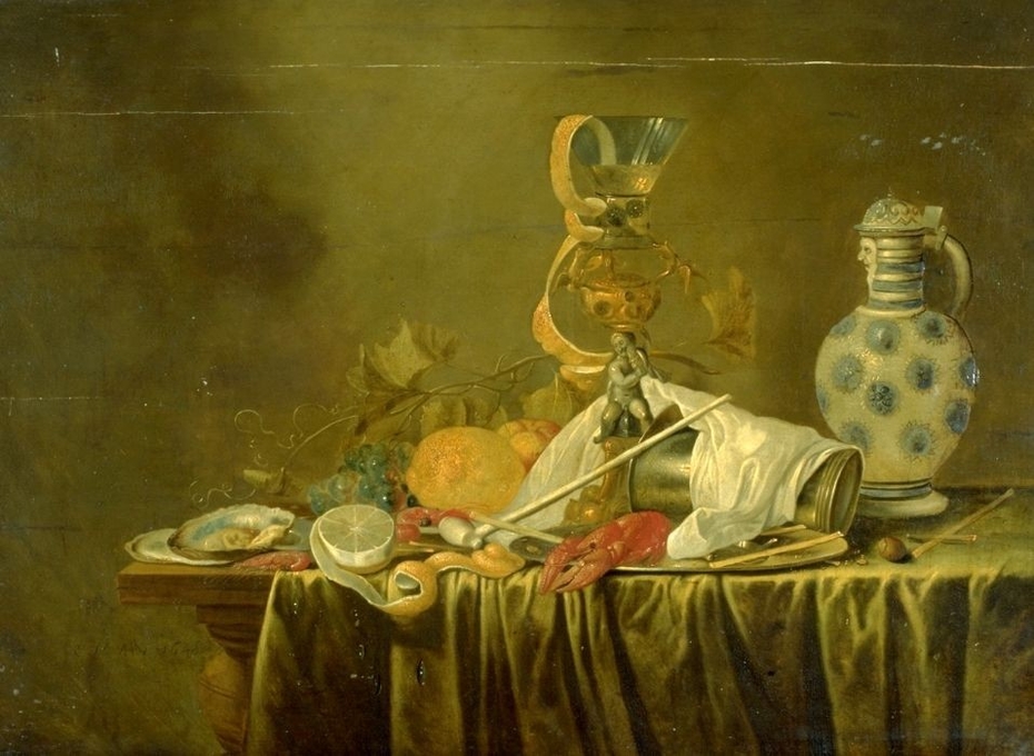 Still life with wine glass and stoneware jug