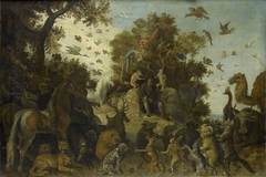 The poet crowned by two apes at the feast of the animals by Unknown Artist