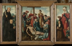 Triptych with the Lamentation of Christ (center), flanked by the male Donor with Saint Benedict (left, inner wing) and female Donor with Saint Elizabeth of Thuringia (right, inner wing)