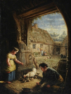 Two Children feeding Chickens by William Shiels