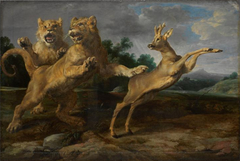 Two young lions chasing a roe by Frans Snyders