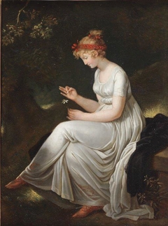 Une jeune fille cherchant à lire son sort dans une reine-marguerite by Adèle Varillat-Tornézy