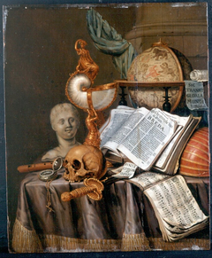 Vanitas with Books, Instruments, and an Astronomical Globe on a table by Evert Collier