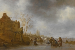 Winter Landscape with Figures on a Frozen River by Isaac van Ostade