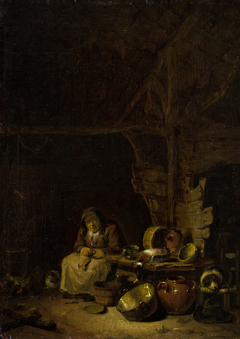 Woman sitting in a Kitchen by Egbert Lievensz. van der Poel