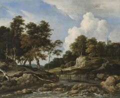 Wooded River Landscape with Bridge by Jacob van Ruisdael