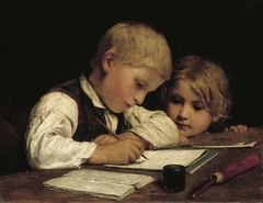 Writing boy with little sister II by Albert Anker