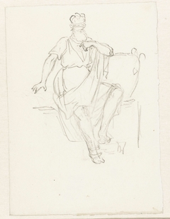 Zittende geblinddoekte man, naast een urn by Pieter Bartholomeusz Barbiers