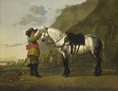 A Cavalry Trooper Decorating his Dappled Grey Horse with a Reclining Spaniel at his Feet by Aelbert Cuyp