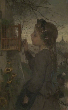 A Girl feeding a Bird in a Cage by Jacob Maris
