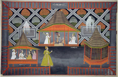 A Nawab and his sons in a garden pavilion
