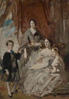 A Portrait Study of Three Ladies and a Boy in Highland Dress in an Interior