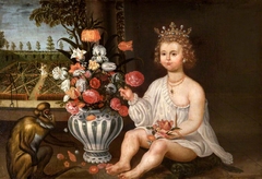 A Royal Child seated by a Vase of Flowers and a Monkey with a Garden beyond with the figure of Pomona by Anonymous