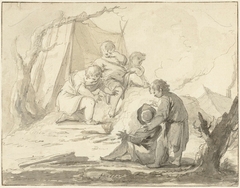 Allegorische voorstelling met kinderen rond een vuurtje by Johann Heinrich Keller II