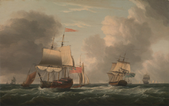 An English Two-Decker Lying Hove to, with Other Ships and Vessels in a Fresh Breeze by Dominic Serres