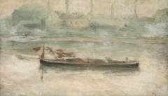 Barges anchored off Battersea Bridge
