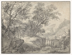 Berglandschap met bomen en een brug over een beek by Anthonie Waterloo