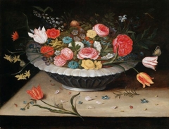 Bowl with tulips, roses and narcissi