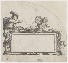 Cartouche omgeven door een man en twee putti by Pieter Jansz